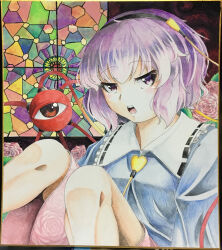 Rule 34 | 1girl, 283win, absurdres, acrylic paint (medium), commentary request, floral print, heart, highres, komeiji satori, looking at viewer, open mouth, painting (medium), photo (medium), purple eyes, purple hair, red eyes, rose print, shikishi, short hair, solo, teeth, third eye, touhou, traditional media, upper body, upper teeth only