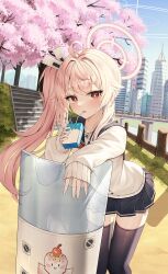 Rule 34 | 1girl, ahoge, black thighhighs, blue archive, box, bright pupils, building, cherry blossoms, collarbone, drinking straw, hair ornament, halo, highres, holding, holding box, long hair, long sleeves, looking at viewer, natsu (blue archive), omul, open mouth, outdoors, pink hair, pleated skirt, red eyes, river, school uniform, shirt, side ponytail, sidelocks, skirt, solo, stairs, standing, thighhighs, white pupils, white shirt, zettai ryouiki