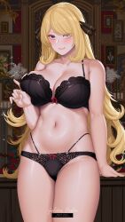 Rule 34 | 1girl, absurdres, bare shoulders, blonde hair, bra, breasts, cleavage, closed mouth, collarbone, creatures (company), cynthia (pokemon), eyelashes, flower, game freak, grey eyes, hair ornament, hair over one eye, hanada yanochi, highres, large breasts, lingerie, long hair, looking at viewer, makeup, navel, nintendo, panties, picture frame, plant, pokemon, pokemon bw, red flower, red rose, rose, smile, solo, thighs, underwear, very long hair, water