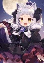 Rule 34 | 1girl, :d, absurdres, animal ear fluff, animal ears, black bow, black bowtie, black capelet, black dress, black ribbon, blush, bow, bowtie, brown eyes, capelet, cat ears, commentary, cowboy shot, dress, frilled ribbon, frills, full moon, fur-trimmed capelet, fur trim, gothic lolita, hair ribbon, highres, hololive, lolita fashion, long hair, long sleeves, looking at viewer, moon, murasaki shion, murasaki shion (gothic lolita), nail polish, night, night sky, noi mine, open mouth, purple nails, ribbon, round teeth, silver hair, sky, smile, solo, standing, teeth, upper teeth only, v-shaped eyebrows, virtual youtuber, wide sleeves