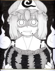 Rule 34 | 1girl, :t, black background, blank eyes, eating, food, fruit, ghost, greyscale, hat, holding, horror (theme), looking at viewer, monochrome, poronegi, saigyouji yuyuko, saliva, scan, shaded face, short hair, solid circle eyes, solo, touhou, traditional media, triangular headpiece, upper body, watermelon, wide-eyed