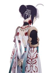 1other absurdres ahoge androgynous back_cutout black_hair braid braided_bun clothing_cutout earrings fate/samurai_remnant fate_(series) hair_bun highres holding holding_sword holding_weapon jewelry long_sleeves magatama magatama_earrings necklace ninjin_(ne_f_g_o) official_alternate_costume official_alternate_hairstyle short_sword shoulder_guard sidelocks simple_background solo sword sword_behind_back weapon white_background yamato_takeru_(fate) yamato_takeru_(phantasmal_dress)_(fate) yellow_eyes