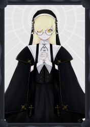 Rule 34 | 1girl, absurdres, bespectacled, black border, black dress, blonde hair, border, closed mouth, constricted pupils, cross, dress, framed, glasses, gothic lolita, habit, highres, jerrykasker16, lolita fashion, long hair, monogatari (series), nun, oshino shinobu, own hands clasped, own hands together, robe, round eyewear, solo, traditional nun, veil, yellow eyes