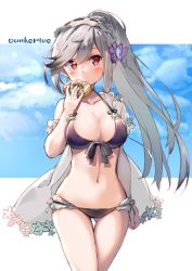 Rule 34 | 1girl, arm at side, azur lane, bikini, blush, breasts, character name, choker, cleavage, collarbone, commentary, day, doughnut, dunkerque (azur lane), dunkerque (summer sucre) (azur lane), eip (pepai), eyebrows hidden by hair, food, front-tie top, gluteal fold, grey hair, hair ornament, hairband, large breasts, long hair, long sleeves, looking at viewer, lowleg, lowleg bikini, navel, open clothes, outdoors, outside border, pink eyes, ponytail, purple bikini, sidelocks, single bare shoulder, solo, standing, stomach, swept bangs, swimsuit, thigh gap, thighs, very long hair