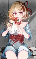 Rule 34 | 1girl, blonde hair, covered mouth, fire, floral print, flower, hands up, highres, holding, holding lighter, lighter, looking at viewer, lycoris recoil, nishiki yuno, nishikigi chisato, no pants, red eyes, red flower, red ribbon, ribbon, shadow, shirt, short hair, short sleeves, single bare shoulder, sitting, smoke, smoking, solo, spider lily, spider lily print, t-shirt, thighs, white shirt