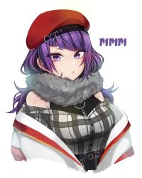 Rule 34 | 1girl, bad id, bad pixiv id, beret, breasts, diagonal bangs, earrings, fur trim, hat, highres, idolmaster, idolmaster shiny colors, jacket, jewelry, long hair, looking at viewer, nlitz, parted lips, purple eyes, purple hair, simple background, solo, tanaka mamimi, white background
