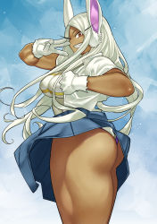 Rule 34 | 1girl, animal ears, ass, boku no hero academia, breasts, closed mouth, covered erect nipples, curvy, dark-skinned female, dark skin, from side, gloves, grin, hand up, highres, large breasts, long hair, looking at viewer, mirko, muscular, muscular female, rabbit ears, rabbit girl, red eyes, shosho oekaki, smile, solo, sweat, thick thighs, thighs, white gloves, white hair