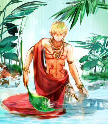 Rule 34 | 1boy, blonde hair, earrings, fate/zero, fate (series), frog, gilgamesh (fate), jewelry, lots of jewelry, male focus, mpn, partially submerged, red eyes, solo, tattoo, toga, wading