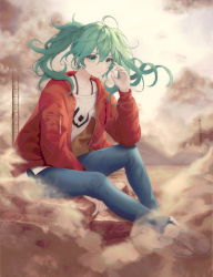 Rule 34 | 1girl, bad id, bad pixiv id, blue pants, closed mouth, cloud, cloudy sky, collarbone, dust cloud, earrings, full body, green eyes, green hair, hair between eyes, hand up, hatsune miku, jacket, jewelry, long hair, long sleeves, looking at viewer, mountain, open clothes, open jacket, outdoors, pants, red jacket, sand, shirt, shoes, sidelocks, sitting, sky, solo, suna no wakusei (vocaloid), twintails, vocaloid, white footwear, white shirt, zain (jiha3905)