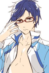 Rule 34 | 1boy, blue hair, free!, glasses, highres, jacket, male focus, namori, purple eyes, red-framed eyewear, ryuugazaki rei, simple background, white background