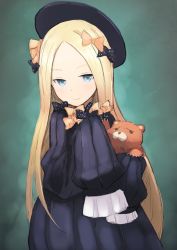 Rule 34 | 1girl, abigail williams (fate), arashishi, black bow, black dress, black hat, blonde hair, blue eyes, blush, bow, bug, butterfly, closed mouth, commentary request, dress, fate/grand order, fate (series), forehead, green background, hair bow, hat, highres, hugging object, insect, long hair, long sleeves, looking at viewer, orange bow, orion (bear) (fate), parted bangs, polka dot, polka dot bow, sketch, sleeves past wrists, smile, stuffed animal, stuffed toy, teddy bear, very long hair