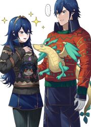 Rule 34 | ..., 1boy, 1girl, alternate costume, ameno (a meno0), black sweater, blue eyes, blush, character print, christmas sweater, chrom (fell exalt) (fire emblem), chrom (fire emblem), commentary request, father and daughter, fire emblem, fire emblem awakening, gloves, green sweater, hair between eyes, height difference, long hair, long sleeves, lucina (fire emblem), multicolored clothes, multicolored sweater, nintendo, red sweater, short hair, simple background, smile, speech bubble, sweat, sweater, tiara, ugly sweater, white background, white gloves