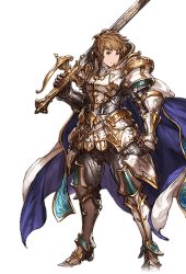 Rule 34 | 10s, 1boy, alpha transparency, armor, brown eyes, brown hair, cape, full body, gran (granblue fantasy), granblue fantasy, holy saber (granblue fantasy), male focus, minaba hideo, official art, over shoulder, short hair, solo, sword, sword over shoulder, transparent background, weapon, weapon over shoulder