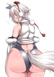 Rule 34 | 1girl, animal ears, ass, bare shoulders, blush, clothing cutout, from behind, highres, huge ass, inubashiri momiji, looking at viewer, looking back, no pants, one-piece swimsuit, pom pom (clothes), red eyes, shishi juuroku, short hair, simple background, solo, swimsuit, swimsuit under clothes, tail, tail through clothes, thick eyebrows, thick thighs, thighs, touhou, white background, white hair, wide hips, wolf ears, wolf tail
