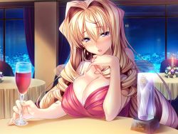 Rule 34 | 1girl, alcohol, aozora stripe, blonde hair, blush, breasts, drill hair, game cg, glass, hair intakes, large breasts, long hair, open mouth, osakabe mahiro, piromizu, purple eyes, smile, solo, very long hair, wine