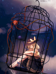 Rule 34 | 1girl, adapted costume, artist name, bare shoulders, barefoot, birdcage, black hat, blonde hair, blouse, cage, closed eyes, cloud, dated, dutch angle, from side, furahata gen, green skirt, hat, hat ribbon, highres, hugging own legs, in cage, knees to chest, koishi day, komeiji koishi, leg ribbon, light smile, medium hair, night, night sky, off-shoulder shirt, off shoulder, petticoat, reflection, ribbon, shirt, shooting star, single tear, skirt, sky, solo, third eye, touhou, yellow shirt