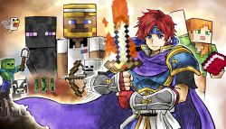 Rule 34 | 1boy, alex (minecraft), armor, arrow (projectile), binding blade (weapon), blue eyes, book, bow, cape, chicken (minecraft), cow (minecraft), creeper, enderman, fire, fire emblem, fire emblem: the binding blade, gauntlets, gloves, headband, holding, holding sword, holding weapon, kicdon, looking at viewer, minecraft, minecraft sword, nintendo, open mouth, parody, red eyes, red hair, roy (fire emblem), short hair, shovel, skeleton (minecraft), smile, steve (minecraft), sword, weapon, zombie (minecraft)