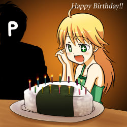 Rule 34 | + +, 00s, 1boy, 1girl, ahoge, birthday, blonde hair, cake, candle, faceless, faceless male, food, green shirt, own hands clasped, happy, happy birthday, hoshii miki, idolmaster, idolmaster (classic), idolmaster 1, onigiri, open mouth, own hands together, pesi, plate, producer (idolmaster), rice, saliva, shirt