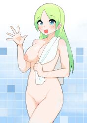 Rule 34 | 1girl, blue eyes, blush, breasts, cleft of venus, commentary request, completely nude, cowboy shot, green hair, highres, holding, holding towel, illu (illu stratos), inverted nipples, kemono friends, long hair, looking at viewer, medium breasts, mirai (kemono friends), nipples, nude, open mouth, parted bangs, pussy, shower (place), smile, solo, swept bangs, towel, uncensored, walking, waving