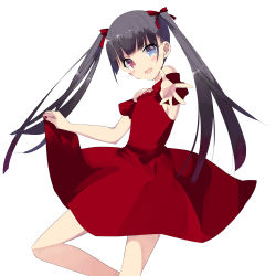 Rule 34 | 1girl, absurdres, bad id, bad pixiv id, black hair, blush, blush stickers, bow, breasts, commentary, dress, hair bow, heterochromia, highres, long hair, looking at viewer, misteor, open mouth, original, outstretched arm, red bow, red dress, solo, twintails, white background