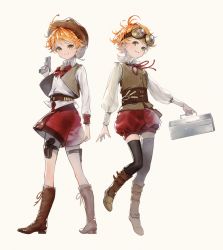 Rule 34 | 2girls, awarin, black legwear, bow, bowtie, brown footwear, brown vest, closed mouth, collared shirt, dress shirt, emma (yakusoku no neverland), full body, goggles, goggles on head, green eyes, grin, gun, handgun, highres, holding, holding gun, holding weapon, holster, long hair, long sleeves, looking at viewer, multiple girls, neck ribbon, orange hair, red bow, red bowtie, red ribbon, red shorts, ribbon, shirt, short hair, short shorts, shorts, simple background, smile, standing, striped clothes, striped vest, thigh holster, thighhighs, underbust, vertical-striped clothes, vertical-striped vest, vest, weapon, white background, white shirt, wing collar, yakusoku no neverland, zettai ryouiki