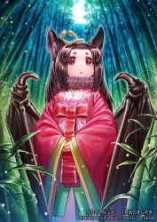 Rule 34 | 1girl, animal ears, bamboo, bamboo forest, bat ears, bat girl, bat wings, brown hair, commentary request, forest, fraternal myotis (kemono friends), fur collar, haori, japanese clothes, kemono friends, kemono friends 3, kimono, lain, long hair, multicolored clothes, multicolored kimono, nature, official art, pink kimono, red eyes, solo, wings