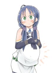 Rule 34 | 1girl, :&lt;, blue hair, blush, enjaku izuku, green eyes, hands on stomach, highres, kantai collection, low twintails, pregnant, solo, suzukaze (kancolle), twintails, white background