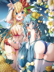 Rule 34 | 2girls, absurdres, ama rei, aqua hair, bikini, blonde hair, blue bikini, blue eyes, blush, breasts, butt crack, character request, flower, flower knight girl, flower ornament, hair bobbles, hair flower, hair ornament, highres, isogiku (flower knight girl), large breasts, long hair, looking at viewer, multiple girls, navel, open mouth, red bikini, smile, swimsuit, thighhighs, v, white thighhighs