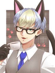 Rule 34 | 1boy, animal crossing, animal ears, black gloves, blonde hair, blue hair, blue necktie, cat ears, cat tail, coffee, commentary request, cup, fangs, glasses, gloves, green eyes, grey sweater vest, heterochromia, highres, holding, holding cup, long sleeves, looking at viewer, male focus, mug, multicolored hair, nachi (respectdrums), necktie, nintendo, open mouth, paw print, personification, raymond (animal crossing), shirt, solo, sweater vest, tail, two-tone hair, white shirt