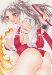 Rule 34 | 1girl, ass, bare shoulders, blush, breasts, cleavage, fatal fury, fire, hand fan, large breasts, long hair, ninja, orcan illust, ponytail, shiranui mai, sideboob, sleeveless, teeth, the king of fighters, thong, traditional media, upper teeth only