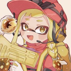 Rule 34 | blonde hair, braid, commentary request, golden egg, gun, hat, highres, holding, holding gun, holding weapon, inkling, inkling girl, inkling player character, long hair, looking at viewer, nintendo, open mouth, salmon run (splatoon), sample watermark, side braid, splatoon (series), splatoon 3, splattershot jr (splatoon), upper body, watermark, weapon, yellow eyes, yn uo0