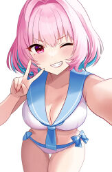 Rule 34 | 1girl, bikini, blue sailor collar, breasts, collarbone, commentary, foreshortening, grin, hair intakes, highres, idolmaster, idolmaster cinderella girls, large breasts, leaning forward, looking at viewer, medium hair, one eye closed, outstretched arm, pink eyes, pink hair, sailor bikini, sailor collar, sailor swimsuit (idolmaster), sakura ran, selfie, simple background, smile, solo, swimsuit, thigh gap, thighs, v, v-shaped eyebrows, yumemi riamu