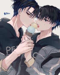 Rule 34 | 2boys, black eyes, black hair, blue hair, dual persona, facing another, highres, holding, holding ice cream cone, ice cream cone, inukai yuto, looking ahead, looking at viewer, male focus, multicolored hair, multiple boys, open mouth, paradox live, red eyes, selfcest, short hair, sirofuku414, tongue, tongue out, white background, yaoi