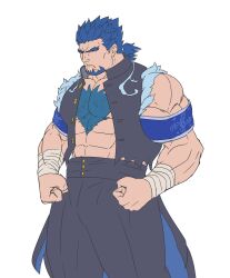 Rule 34 | 1boy, absurdres, armband, bara, blue armband, blue hair, bucchigiri, clenched hands, facial hair, facing ahead, feet out of frame, flat color, forked eyebrows, gakuran, goatee, highres, kenchiro (bucchigiri), large pectorals, low ponytail, male focus, mature male, minatsumi, muscular, muscular male, pectoral cleavage, pectorals, school uniform, shaded face, short hair, short ponytail, solo, spiked hair, standing, thick chest hair, thick eyebrows, torn clothes, torn sleeves