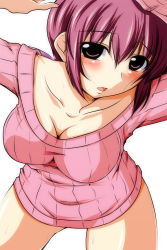 Rule 34 | 10s, 1girl, bare legs, blush, breasts, cleavage, highres, hoshizora ikuyo, large breasts, looking at viewer, mature female, naked sweater, nishi koutarou, precure, red eyes, red hair, ribbed sweater, short hair, simple background, smile precure!, solo, sweater, white background