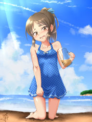 Rule 34 | 1girl, absurdres, alcohol, artist name, bare shoulders, barefoot, beach, beer, blue one-piece swimsuit, blue ribbon, blue sky, blush, brown eyes, brown hair, clenched hand, cloud, collarbone, covered navel, cup, dated, day, drink, embarrassed, female focus, flat chest, full body, hair ribbon, hand up, have to pee, head tilt, highres, holding, horizon, idolmaster, idolmaster cinderella girls, idolmaster cinderella girls starlight stage, junpiro, kneeling, looking at viewer, matching hair/eyes, mug, nose blush, ocean, one-piece swimsuit, open mouth, outdoors, ponytail, ribbon, sand, shiny skin, signature, sky, solo, sparkle, sunlight, swimsuit, tachibana arisu, tears, water, wavy eyes, wavy mouth