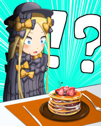 Rule 34 | !?, 1girl, abigail williams (fate), absurdres, black bow, black dress, black hat, blonde hair, blue eyes, blueberry, blush, bow, cherry, commentary request, dress, emphasis lines, fate/grand order, fate (series), food, forehead, fork, fruit, hair bow, hat, highres, knife, long hair, long sleeves, looking away, open mouth, orange bow, pancake, pancake stack, parted bangs, plate, polka dot, polka dot bow, sanpeita, sidelocks, solo, strawberry, very long hair, wide-eyed