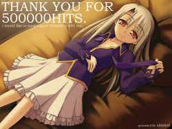 Rule 34 | 00s, 1girl, bed, fate/stay night, fate (series), milestone celebration, illyasviel von einzbern, kaze shibuki, looking at viewer, lying, on back, on bed, red eyes, solo