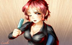 Rule 34 | 1girl, breasts, cleavage, collarbone, food, gradient background, horikawa raiko, long sleeves, looking at viewer, medium breasts, one eye closed, open mouth, popsicle, red eyes, red hair, short hair, signature, solo, sweat, touhou, welt (kinsei koutenkyoku), yellow background