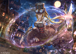 Rule 34 | 1girl, akizone, armband, armpits, aura, bare shoulders, belt, blonde hair, blue sky, boots, bracer, breasts, brown dress, brown footwear, brown skirt, circle skirt, city, cleavage, closed mouth, cloud, cloudy sky, dress, dual wielding, fence, frilled skirt, frills, full moon, glowing, glowing eyes, goggles, goggles on head, hat, highres, holding, holding sword, holding weapon, house, large breasts, long hair, moon, night, night sky, original, outdoors, purple legwear, red eyes, reverse grip, skirt, sky, smile, solo, steampunk, striped clothes, striped legwear, striped thighhighs, sword, thighhighs, top hat, underbust, watermark, weapon
