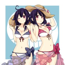 Rule 34 | 10s, 2girls, :o, ;), ahoge, alternate eye color, arm scrunchie, arm up, bare shoulders, bikini, blue ribbon, blush, breasts, collarbone, flower, hair flaps, hand on headwear, hat, hat flower, unworn hat, unworn headwear, holding, holding clothes, holding hands, holding hat, interlocked fingers, kantai collection, large breasts, long hair, looking at viewer, low twintails, multiple girls, naiibu, navel, one eye closed, purple eyes, purple hair, red ribbon, ribbon, ryuuhou (kancolle), sarong, smile, sun hat, swimsuit, taigei (kancolle), thighs, twintails