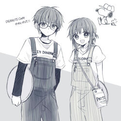 Rule 34 | 1boy, 1girl, anzu (o6v6o), bag, glasses, gumi, gumiya, holding, holding tray, layered sleeves, long sleeves, monochrome, open mouth, overalls, peanuts (comic), short hair, short over long sleeves, short sleeves, shoulder bag, smile, snoopy, translation request, tray, vocaloid, woodstock