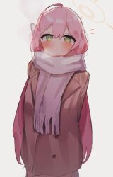 Rule 34 | 1girl, ahoge, arms behind back, blue archive, blush, bright pupils, brown coat, closed mouth, coat, cowboy shot, epi zero, green eyes, hair between eyes, halo, hanako (blue archive), highres, long hair, looking at viewer, pink hair, scarf, simple background, solo, very long hair, white background, white pupils, white scarf