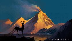 Rule 34 | absurdres, blue sky, chinese commentary, commentary request, danxiaqing, day, deer, highres, lake, mountain, no humans, original, outdoors, rock, scenery, sky, smoke, water