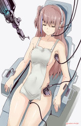 Rule 34 | 1girl, absurdres, apron, breasts, brown hair, damaged, expressionless, closed eyes, girls&#039; frontline, highres, long hair, mechanical arms, mechanical parts, medium breasts, rasen manga, single mechanical arm, solo, st ar-15 (girls&#039; frontline), thighs, twitter username, white apron, white background, wire
