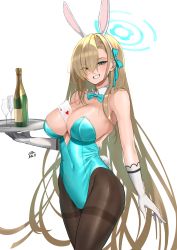 Rule 34 | 1girl, absurdres, animal ears, asuna (blue archive), asuna (bunny) (blue archive), bare shoulders, between breasts, blue archive, blue eyes, blue leotard, blush, bow, bowtie, breasts, brown pantyhose, c-da, card, champagne bottle, champagne flute, cleavage, cup, detached collar, drinking glass, elbow gloves, fake animal ears, gloves, grin, hair over one eye, halo, highleg, highleg leotard, highres, large breasts, leotard, light brown hair, long hair, looking at viewer, mole, mole on breast, pantyhose, playboy bunny, playing card, rabbit ears, simple background, smile, solo, thighs, traditional bowtie, tray, white background, white gloves