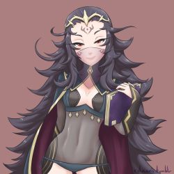 Rule 34 | 1girl, black hair, book, breasts, cleavage, cleavage cutout, clothing cutout, covered navel, cslucaris, fire emblem, fire emblem fates, holding, holding book, lips, long hair, messy hair, nintendo, nyx (fire emblem), red eyes, see-through, simple background, small breasts, smile, solo, tattoo, tiara, veil, very long hair
