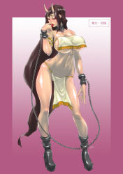Rule 34 | 1girl, blush, boots, breasts, brown hair, chain, collar, covered erect nipples, cuffs, demon girl, female focus, full body, gradient background, high heel boots, high heels, highres, horns, large breasts, licking, loincloth, long hair, mole, mole under eye, red eyes, romehamu, solo, standing, tongue, tongue out, underboob, very long hair, white background