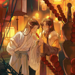 2boys brown_eyes brown_hair candy chinese_clothes city closed_eyes commentary english_commentary facial_mark food forehead_mark fur-trimmed_robe fur_trim glowing hair_ribbon hanfu headband highres holding holding_candy holding_food jin_ling kkcoocool lan_sizhui lantern layered_clothes layered_sleeves long_hair long_sleeves looking_at_another male_focus modao_zushi multiple_boys open_mouth outdoors red_ribbon ribbon robe tanghulu white_hanfu white_headband wide_sleeves yaoi yellow_hanfu yellow_light