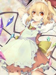 Rule 34 | 1girl, apron, arms behind head, blonde hair, crystal, flandre scarlet, frills, headwear request, highres, looking to the side, mimizuku (mmiganaru), miniskirt, pout, puffy short sleeves, puffy sleeves, red eyes, ribbon, short sleeves, skirt, solo, touhou, wings